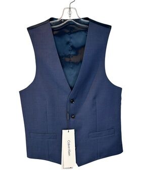 NWT Calvin Klein 4 btn Dress Vest slim fit stretch blue wool Small corporate